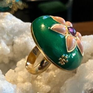 Green & Pink Cloissoné Style Cabochon Dome Cocktail Ring Sz 8 Whimsical Mosaic